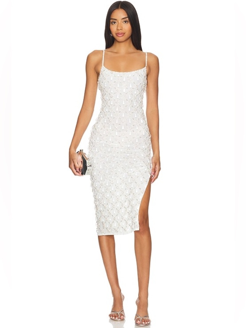 Oceanus Calliope White Crystal Beaded Embellished Midi Dress REVOLVE FWRD